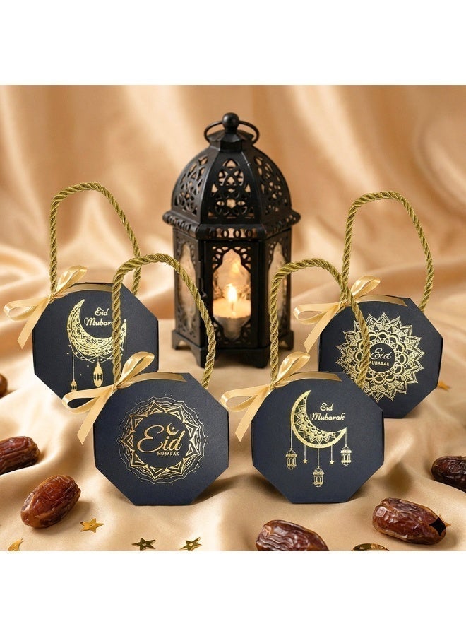 8 PCS Eid Mubarak Gift Boxes with Gold Handles & Ribbon, Octagon Paper Candy Treat Bags, Black & Gold Party Favors, Small Goodie Box for Dates, Sweets, Jewelry & Muslim Holiday Decoration (4 Styles Mixed) - Image 5